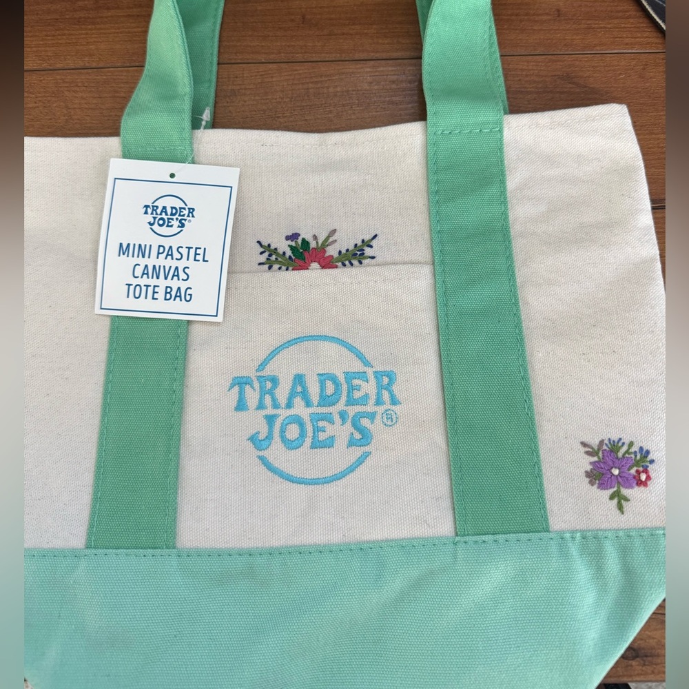 Trader Joe’s mini tote bag. Green and custom had embroidering